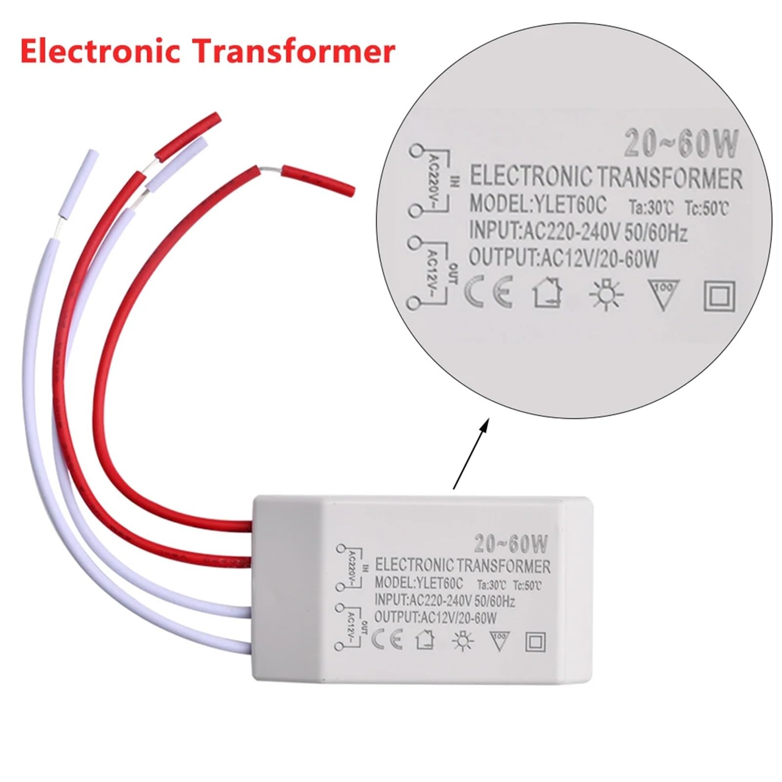 1 szt. AC 220 V do AC 12 V 20-60 W adapter elektroniczny przetwornica napięcia światło halogenowe sterownik LED Smart Power Supply do lamp (20 W, 220 V do 12 V)
