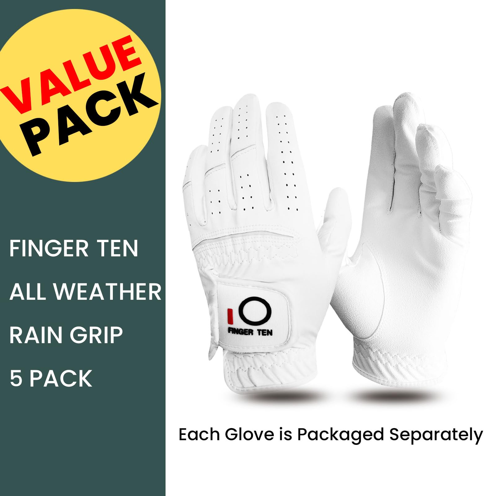VEASAERS Golf Gloves Men Left Right Hand Value 5 Pack, Rain Grip All Weather Enhance Performance Comfortable, Fit Size Small Medium ML Large XL (5 Pack White, X-Large, Left)