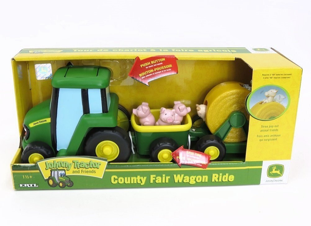 John Deere Johnny mit Viehanhänger und Heuballen, der lachende Spielzeugtraktor für drinnen und draußen. Der Plastiktraktor lässt sich anschieben und spielt eine Melodie auf Knopfdruck. Ab 18 Monaten