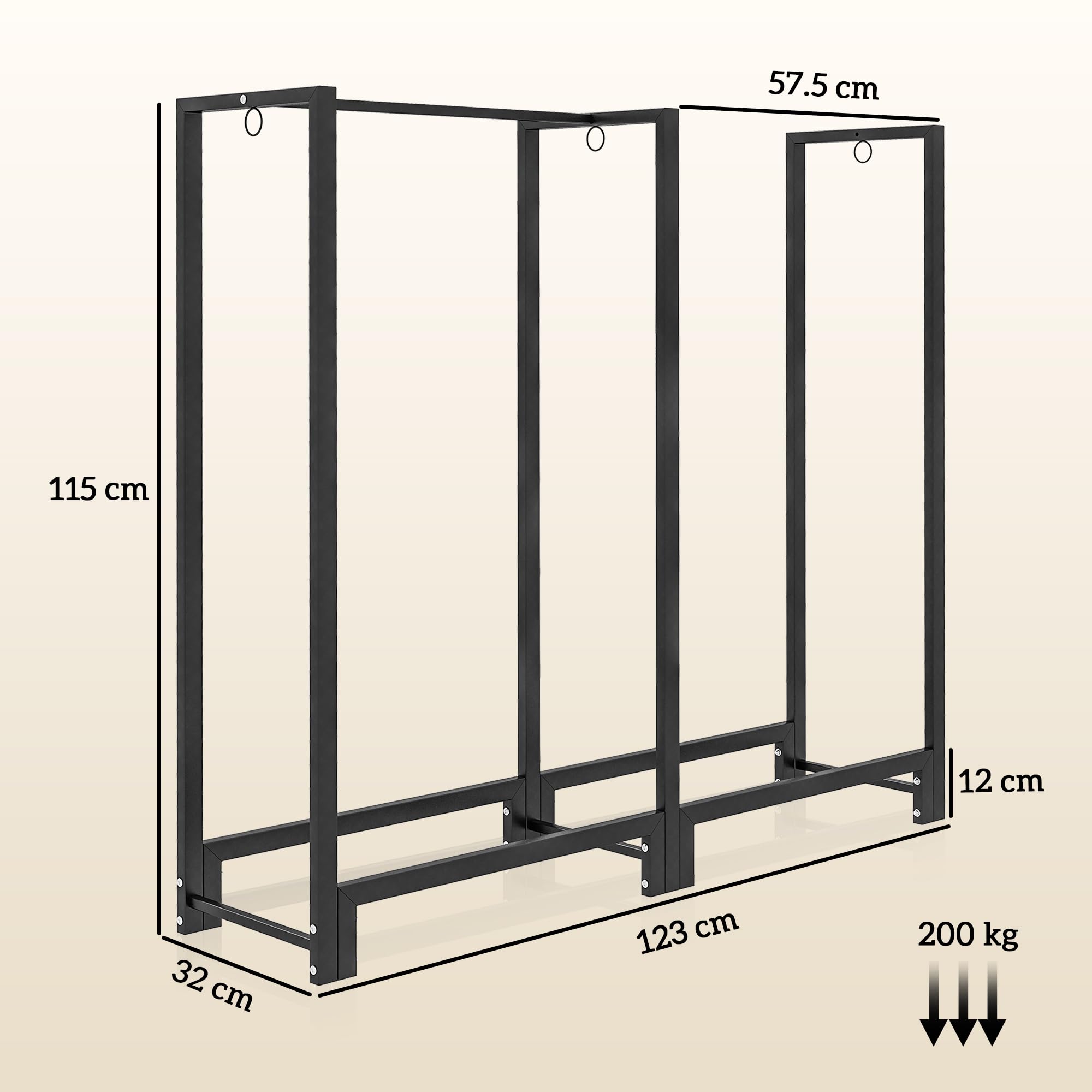 Outsunny Portalegna da Esterno a 2 Sezioni, Portalegna per Camino con 6 Gambe e 3 Anelli, 123x32x115 cm, Nero