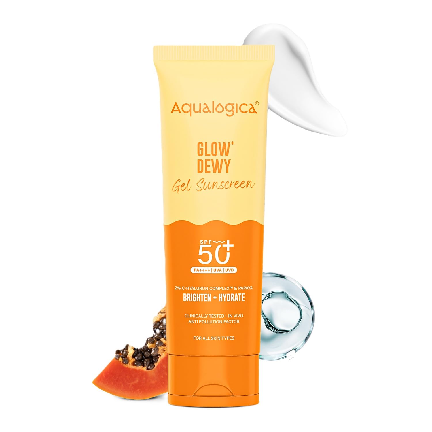 Aqualogica Glow+ Dewy Sunscreen Gel SPF 50+ PA++++ with Papaya & Vitamin C - 125 g | Broad Spectrum SPF 50+ PA++++ | UVA/B & Blue Light Protection | Anti-Pollution Factor (APF) Technology | In-Vivo Tested | Brightens Skin I Fragrance-Free & No White Cast | For Glowing & Sun Protected Skin
