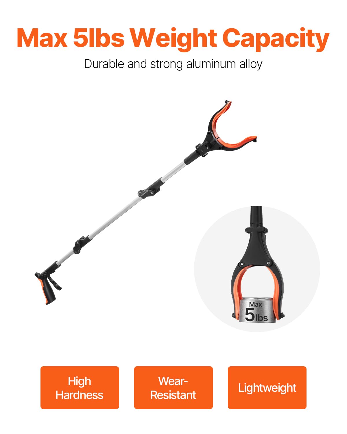 VEVOR Greifwerkzeug, 109,2 cm, faltbar, Greifzange mit 360° drehbarer Backe, Magnet und LED-Licht, leichter Greifzange für Senioren, extra langer Müllpicker, oberer Greifer