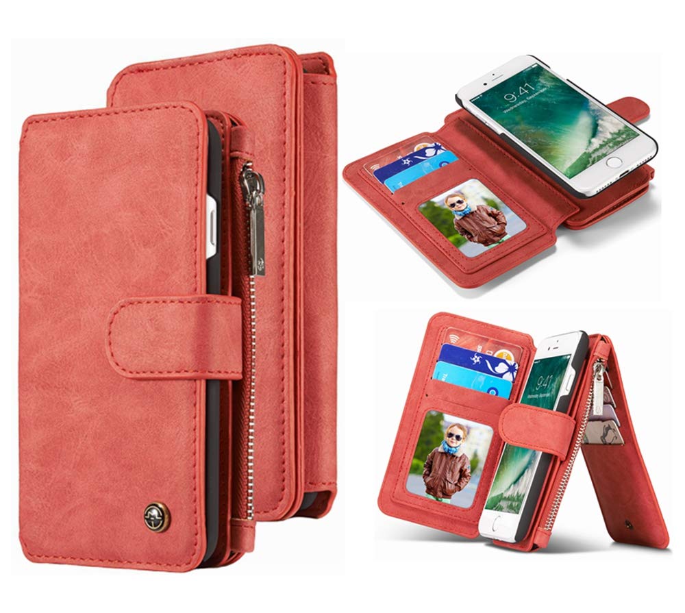 Hynice iPhone 8 Wallet case, iPhone 7 Leather Case, Detachable Magnetic Flip Purse with Kickstand Strap 14 Card Slot Holder Slim Protective Shell Cover for Apple iPhone8/iPhone7 4.7 (14Card-Red)
