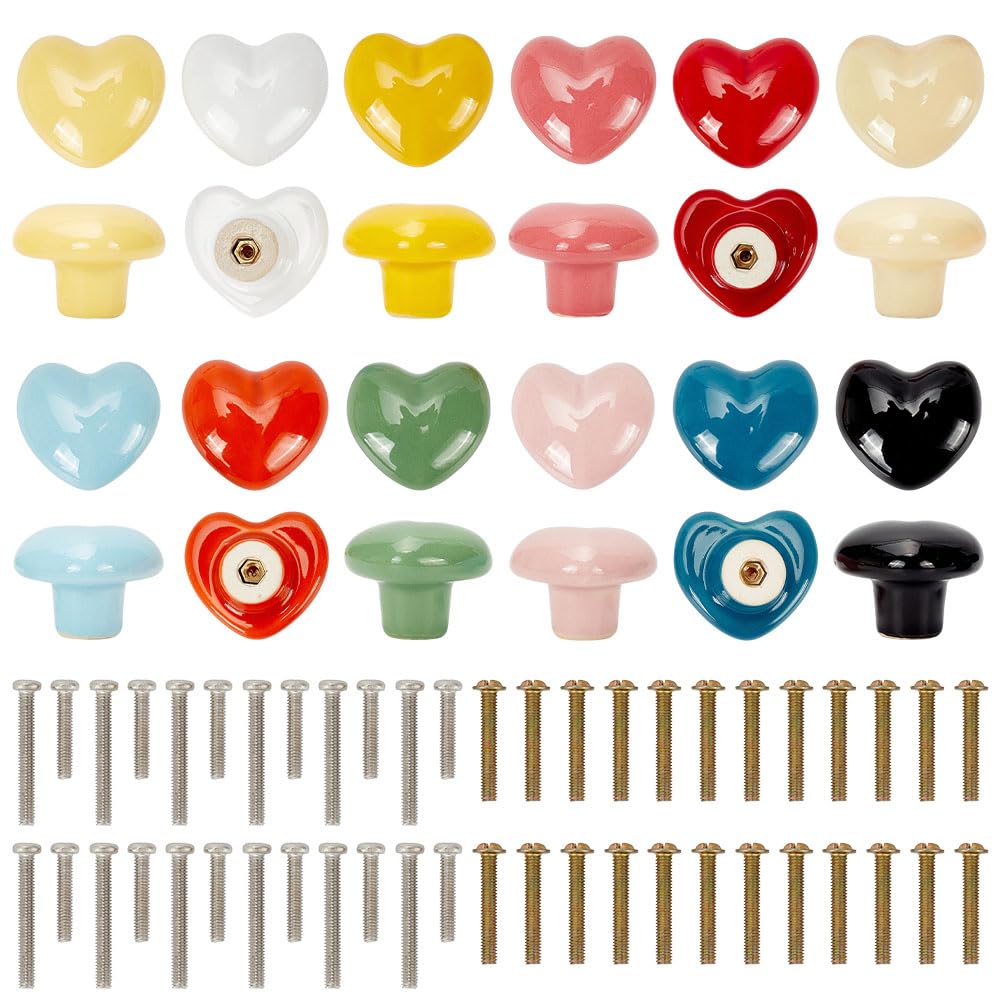 Poignées en porcelaine de cœur x24 : boutons de meuble en céramique 12 couleurs pour tiroir