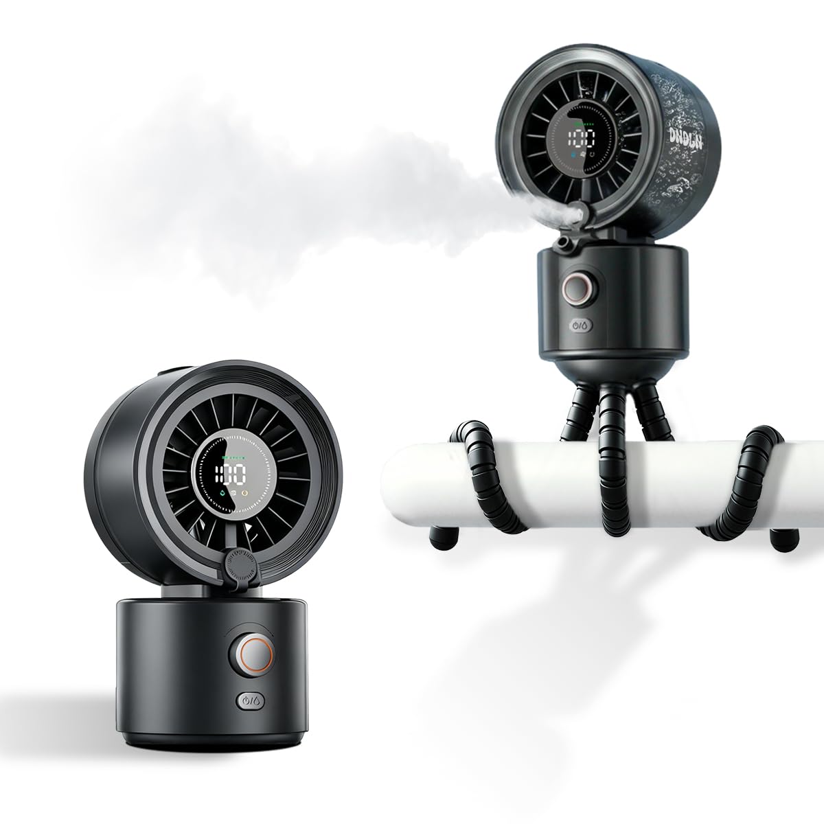 Pursuit DNDLN Ventilateur brumisateur 2 en 1 pour poussette, chariot de golf, 100 vitesses, ventilateur portable pour bébé avec trépied flexible, ventilateur à clip oscillant automatique à 120°