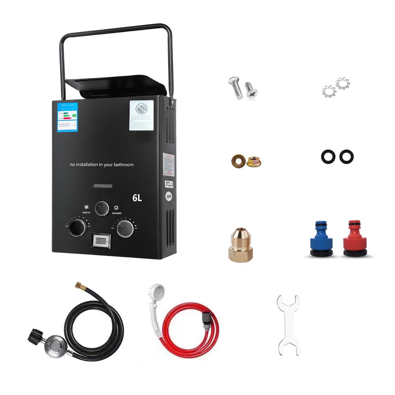 Gas Durchlauferhitzer, 16KW LPG Propangas Durchlauferhitzer, 6L Tragbarkeit Gasdurchlauferhitzer, Heißwasserbereiter Boiler Tankless Instant Boiler, für Camping, Caravaning und Haushalt (mit Henkel)