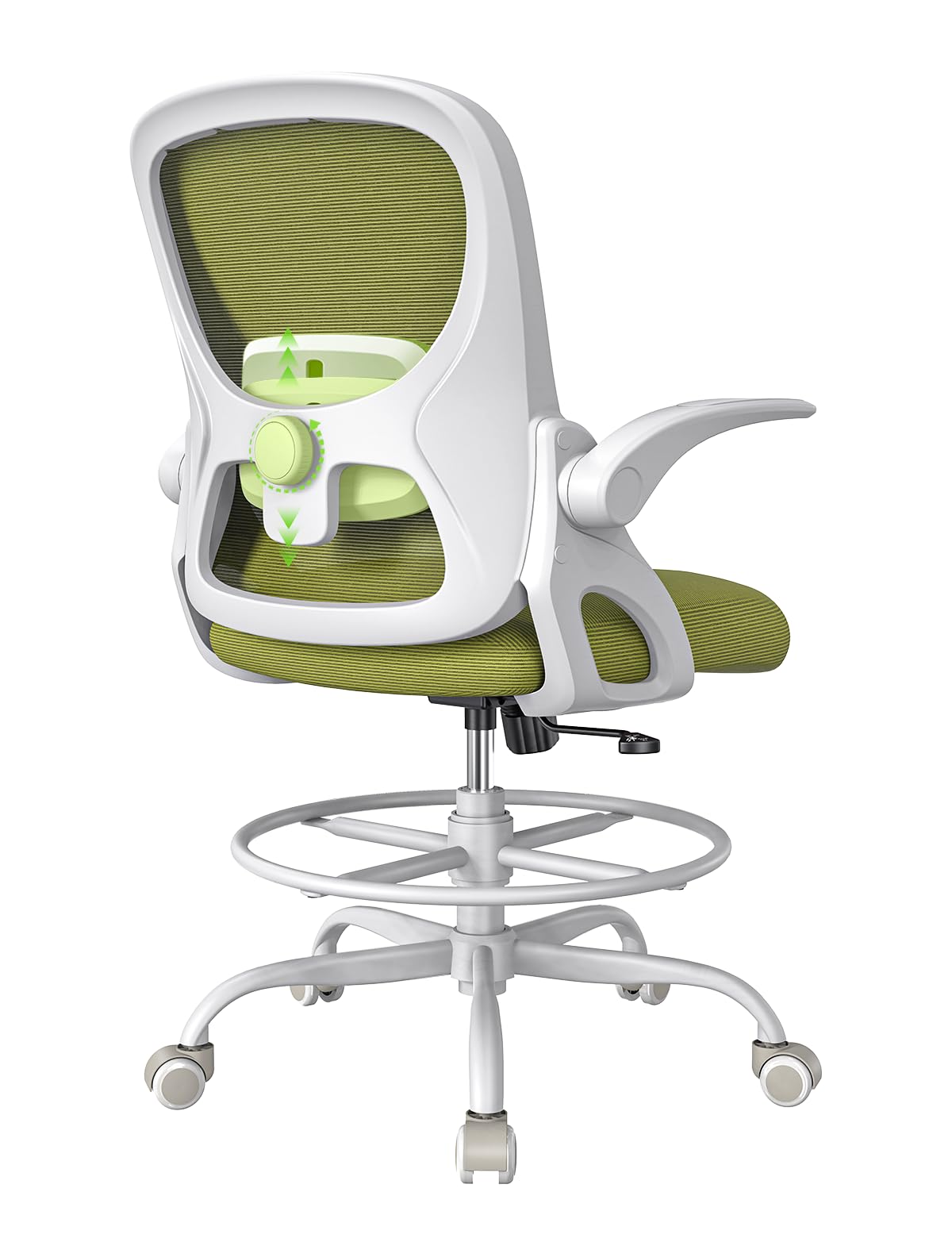 LukkDys Drafting Chair,Tall and Standing Desk Chair with Flip-up Armrests, Ergonomic Comfy Lumbar Support and Adjustable Footrest Ring Office/Computer Chair (White-Green)