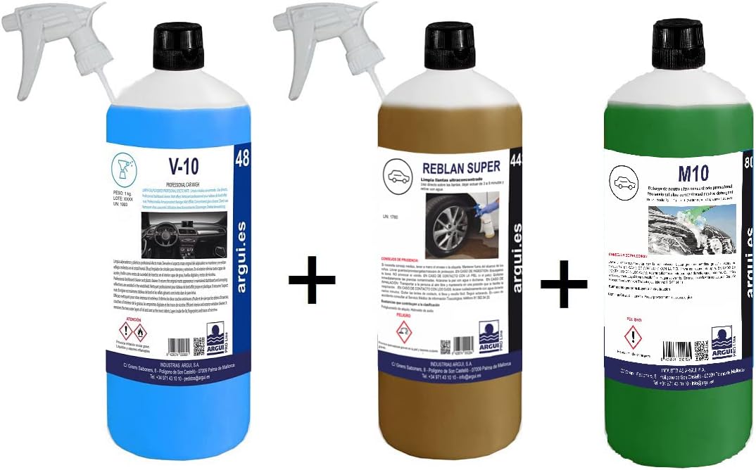 REBLAN SUPER + M10 + V10. Professional Pack. Cleans rims, Acid-Free, Professional Concentration. No Rubbing + Neutral Bodywork Detergent + Cleans Windows and Dashboard. 1-Litre Bottles.