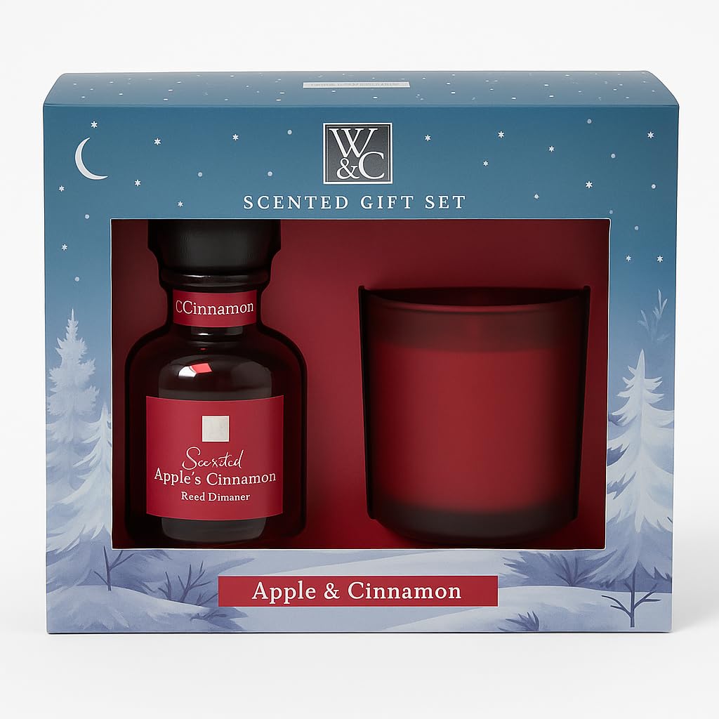 Apple Cinnamon Scented Gift Set with Reed Diffuser 100ml and Red Glass Candle Relaxing Aroma Home Decoration Fragrance Pack for Bedroom Living Room Bathroom