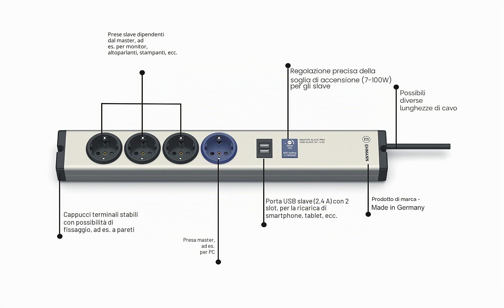 EHMANN 0616x0a048001 Master/Slave PRO Ciabatta elettrica in alluminio, 4 prese (1 Master, 3 Slave), 1 USB Slave, soglia di commutazione regolabile 7-100 Watt, cavo di alimentazione da 1,5 m