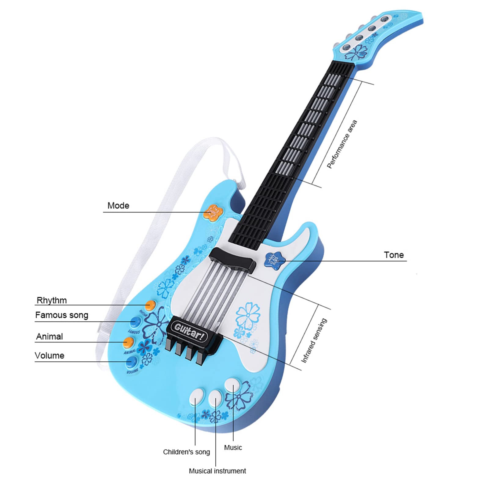 Giocattolo Multifunzionale per Chitarra per Bambini con 4 modalità di Gioco per Bambini Dai 3 Agli 8 Anni, Realizzato in Materiale ABS (BLUE)