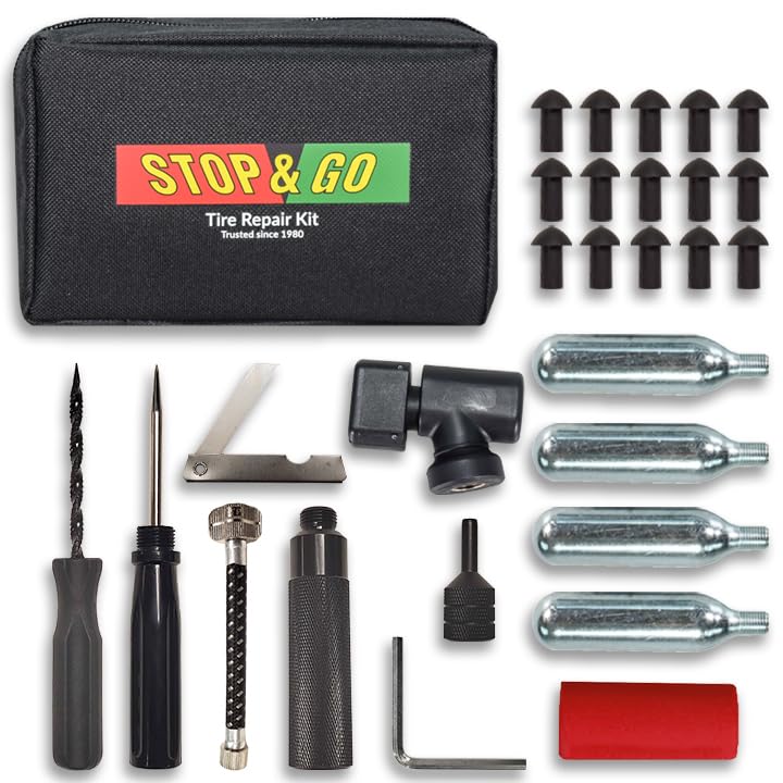 Stop & Go 1001 28 Piece Tubeless Tire Pocket Plugger Repair Kit & CO2 for Punctures and Flats on Motorcycle, ATV, & Utility Vehicle (15 Mushroom Plugs)
