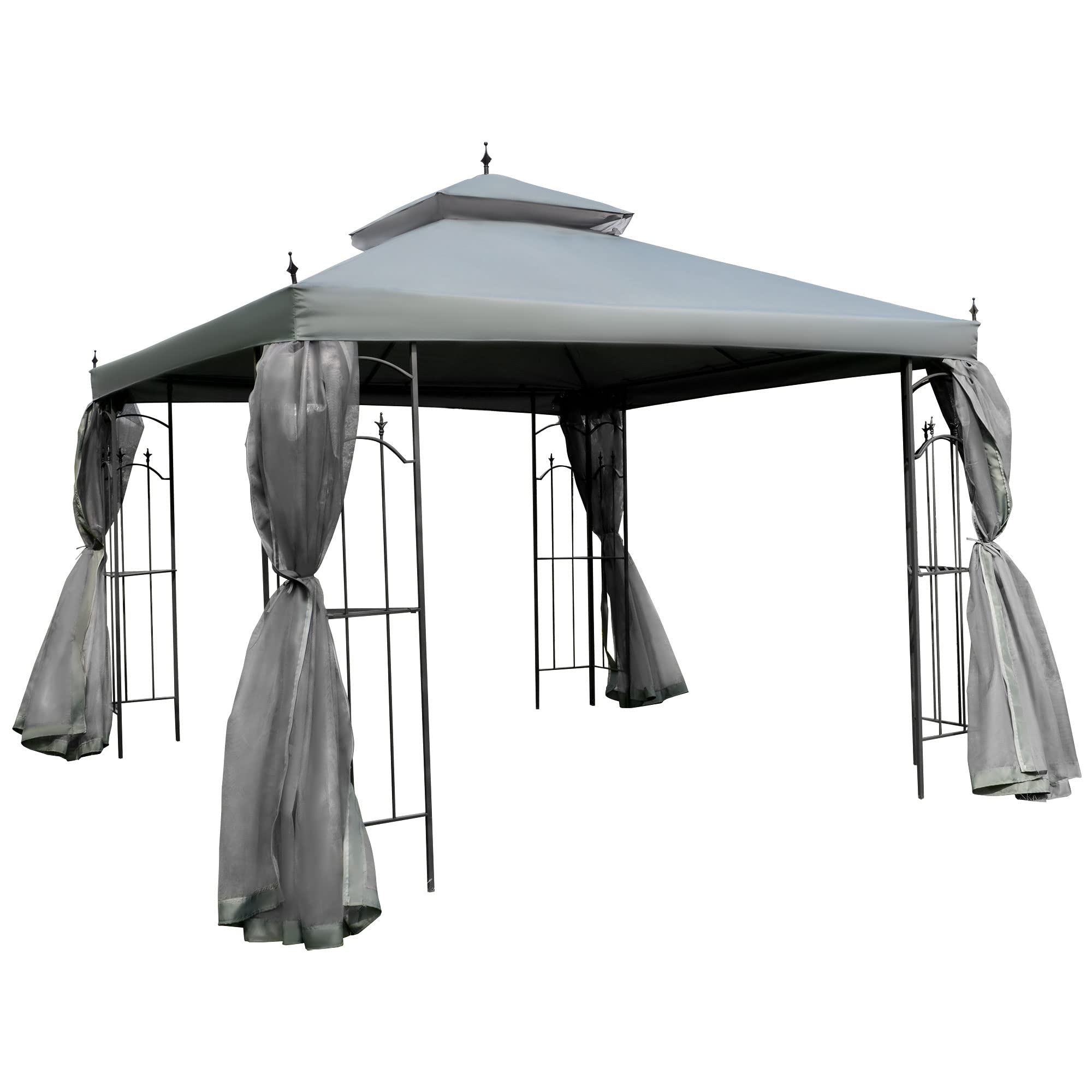 10' x 10' Patio Gazebo with Corner Frame Shelves, Double Roof Outdoor Gazebo Canopy Shelter with Netting, for Patio, Wedding, Catering & Events, Gray