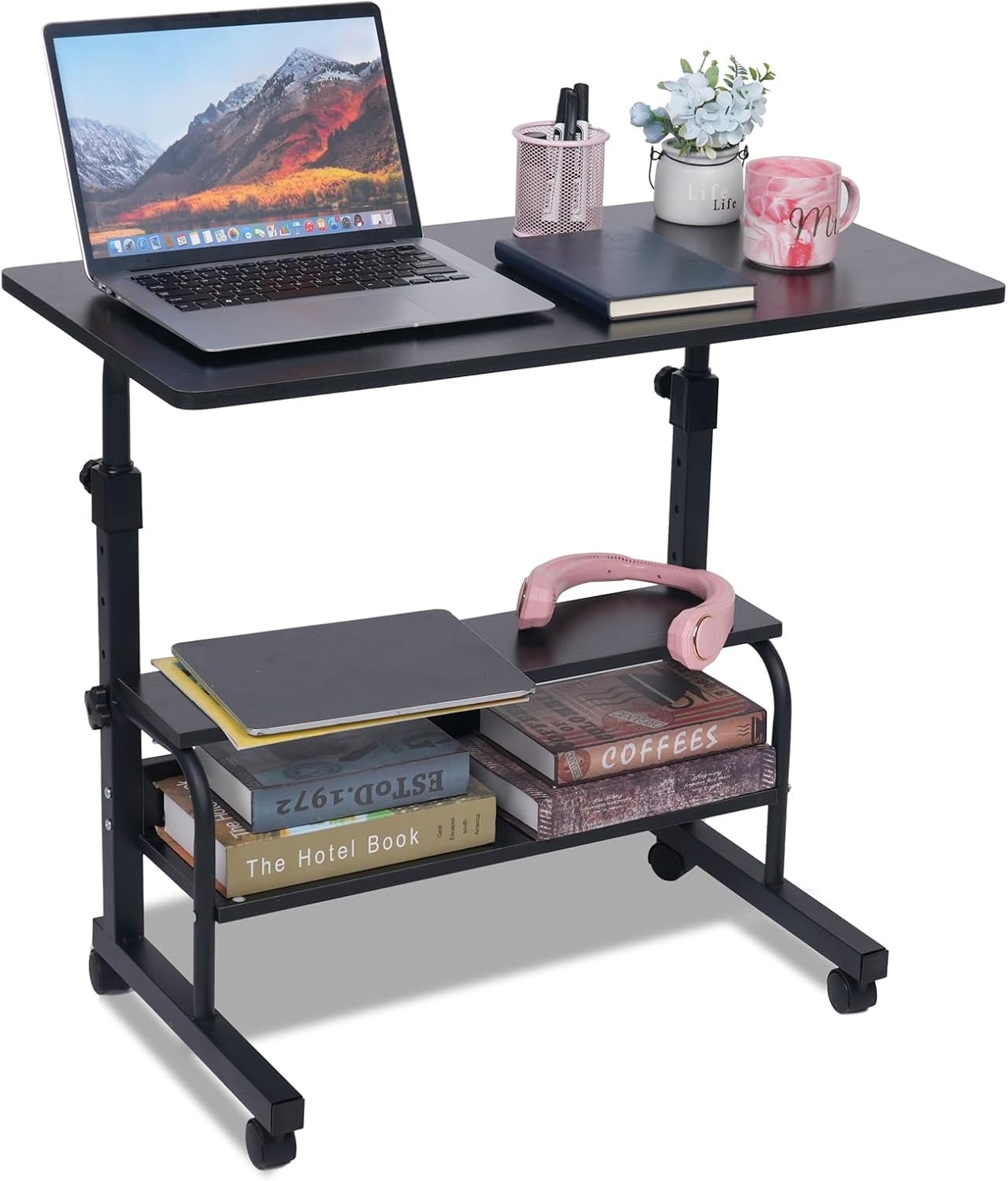 Adjustable Height Rolling Portable Desk with Wheels, Small Standing Desk Mobile 32 Inch Computer Desk for Small Space, Work Desk for Home Office with Storage Laptop Table Study Student Desk Black Modern Black