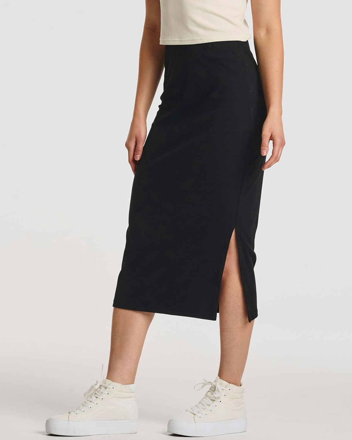 Real Essentials 3 Pack: Women's Midi Ribbed Knit Skirt with Side Slit - Stretchy Work Business Casual Pencil Pull-On Skirts - Image 5