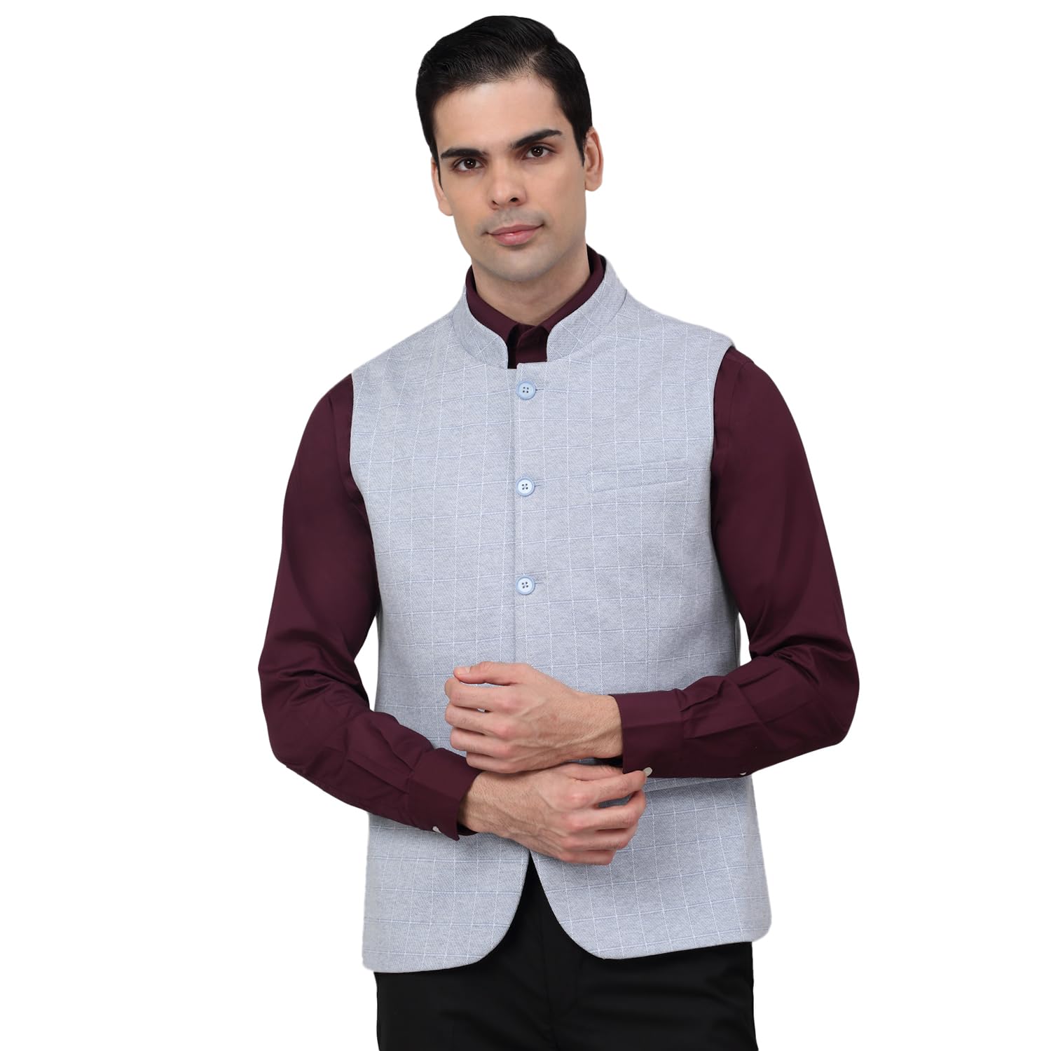 Men Checkered Mandarin Collar Formal Waistcoat l Formal Waist Coat for Men l Waist Coat for Men (P_MWCF00070)