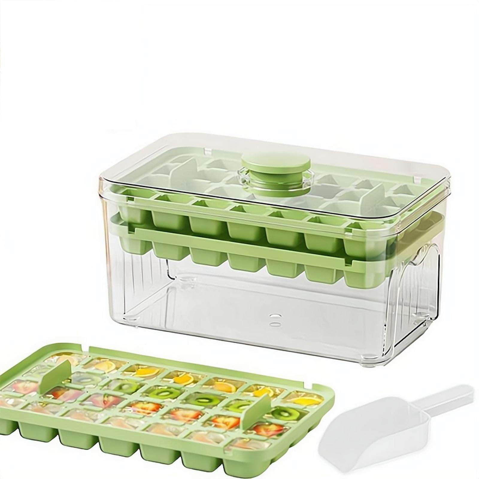 One-Press Ice Cube Tray with Lid and Bin, Easy-Release Ice Cube Maker with Scoop & Storage Container, Reusable Tray for Freezer Cocktail Whiskey Coffee