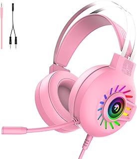 Gaming Headset PS4 Headset 3.5mm Stereo Wired Over-Head Gaming Headphone,RGB Rainbow Backlit,Professional Headphone Stereo Surround Sound,Noise Canceling Microphone for PC,PS4,Xbox One(Pink)
