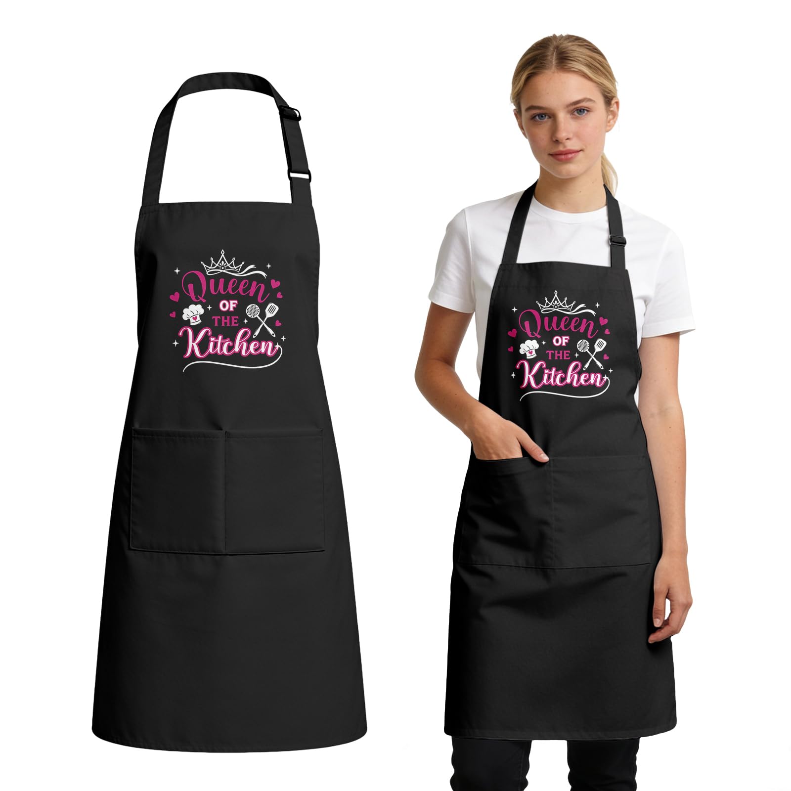 Neiujadk Women's Queen Of The Kitchen Apron With Pocket, Waterproof Adjustable Apron For Mom Grandma, Cooking Aprons For Chef Kitchen, Baking Aprons For