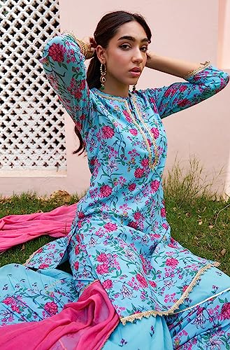 Image of Janasya Women's Sky Blue Georgette Digital Floral Printed Short Kurta with Sharara and Dupatta