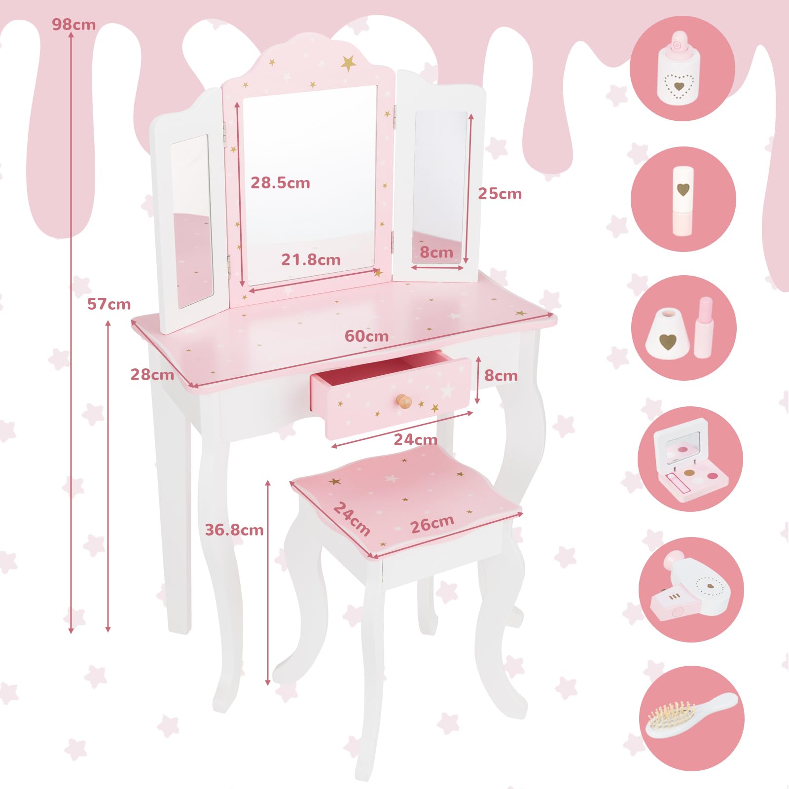 WOODENFUN Rosa Kinder Prinzessin Schminktisch mit dreifachem Klappspiegel, Hocker, Schublade, Make-up-Set, Sternenmuster multifunktionaler hölzerner Schminktisch für Kindergeburtsgeschenk