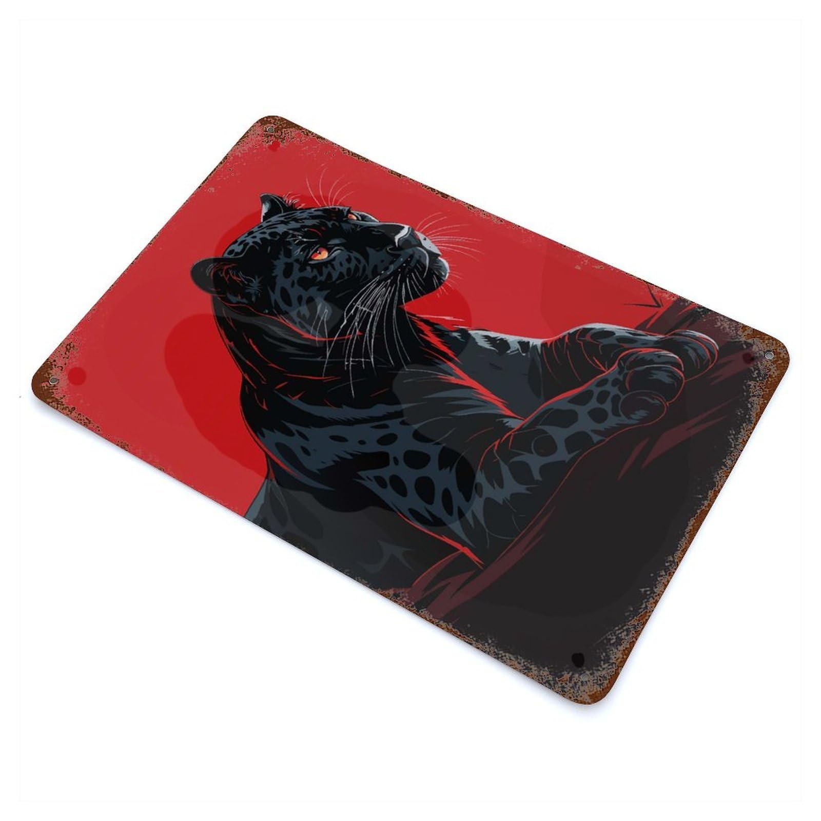Black Panther Illustration on Red Background Retro Metal Sign 11.8"x7.9", for Garage, Bar And Workshop Decor, Shabby Chic Decor