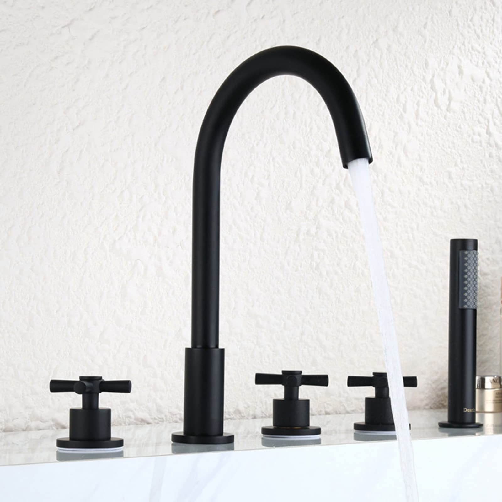 Moderno juego de grifo de bañera de 5 agujeros, accesorio de cuello de cisne negro con ducha de mano extraíble, mezclador de borde de baño de lujo para una experiencia de baño definitiva