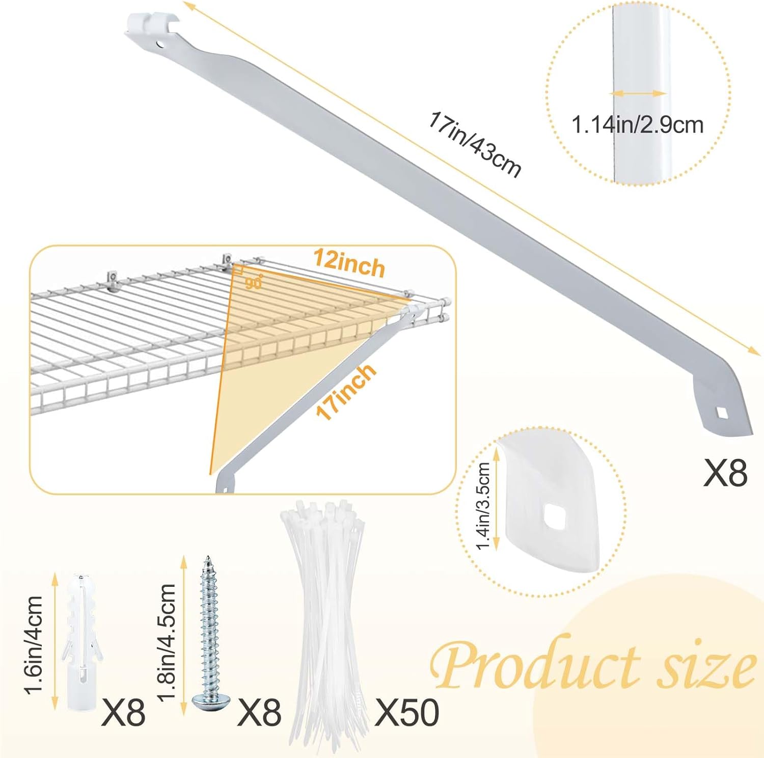 8pcs 12Inch Wire Shelf Brackets, Metal White Closet Support Bracket with Anchors Screws &Tie Hidden Wall Closet Shelving Accessories for Support Wire Closet Shelves Racks (Shelf not Include)