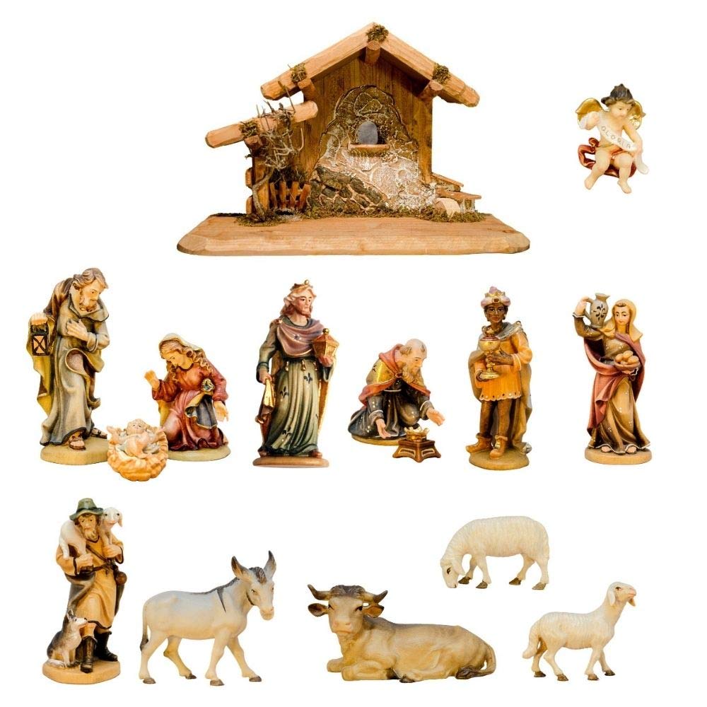Juego de belén de Navidad tradicional de madera con establo y figuras pintadas a mano José María Jesús (10 cm, 14 piezas, color)