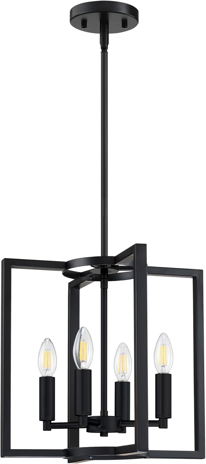 Leading Lighting 4 Light Rustic Kitchen Island Farmhouse Hanging Chandelier Light Fixture,with Black Finish Metal Frame for Entryway Dinning Room Bedroom 4 Light Black Wood