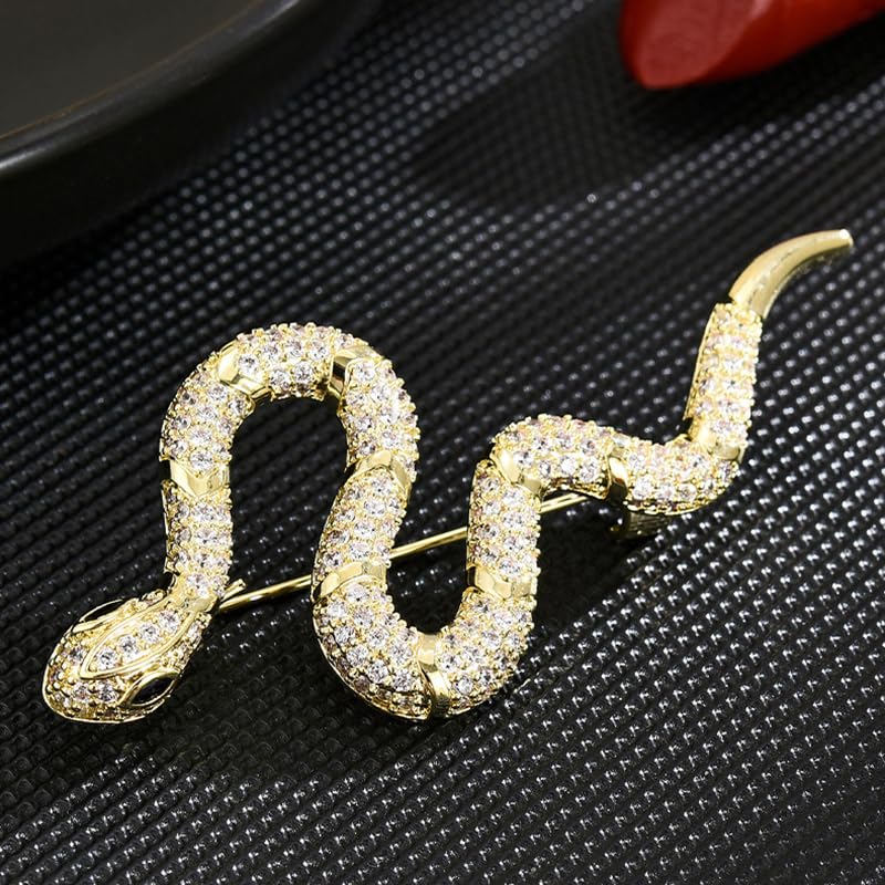 Image of Gold Snake Brooches Pins for Women Men Statement Snake Enamel Lapel Pins Crystal Rhinestone Accessories Powerful Animal Insect Clothing Coat Jacket Lapel Jewelry Gifts