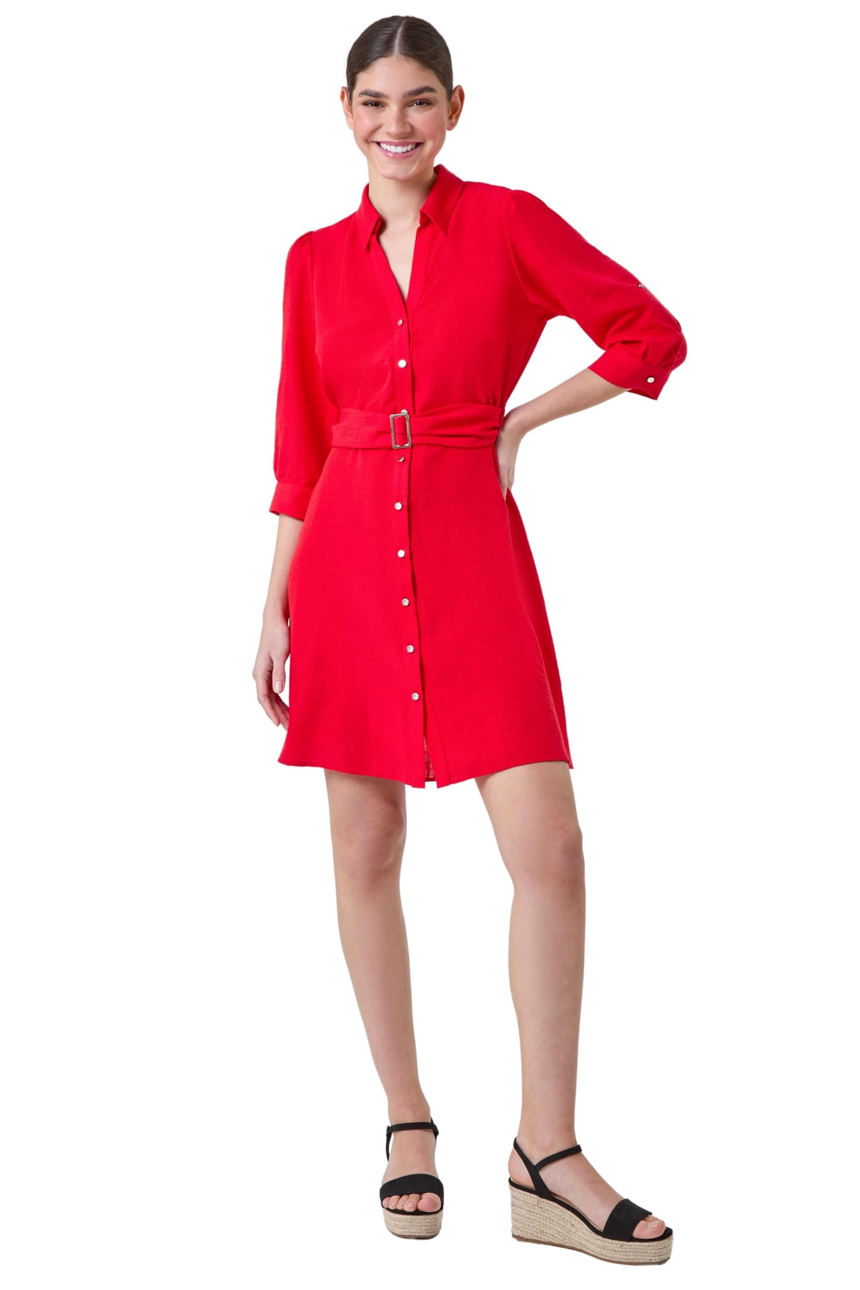 Roman Originals Women's Red Shirt Dress For Uk- Long Sleeve Belted Colla Midi Maxi Winter Autumn Smart Casual Button Through Evening Office A Line Swing Skater - Size 20