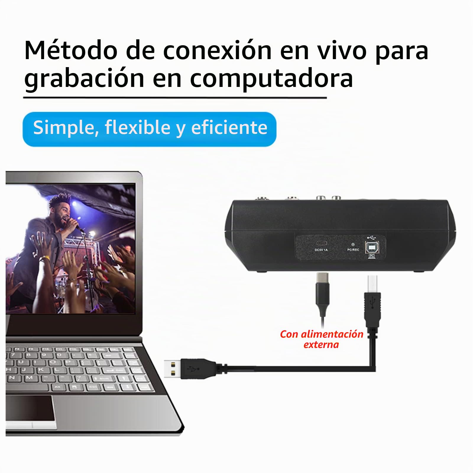 Mezclador de 5 canales, mesa mezcladora de audio y USB con alimentación fantasma 48 V, consola mezcladora para ordenador y micrófono, mezclador de audio para Live Studio Scene