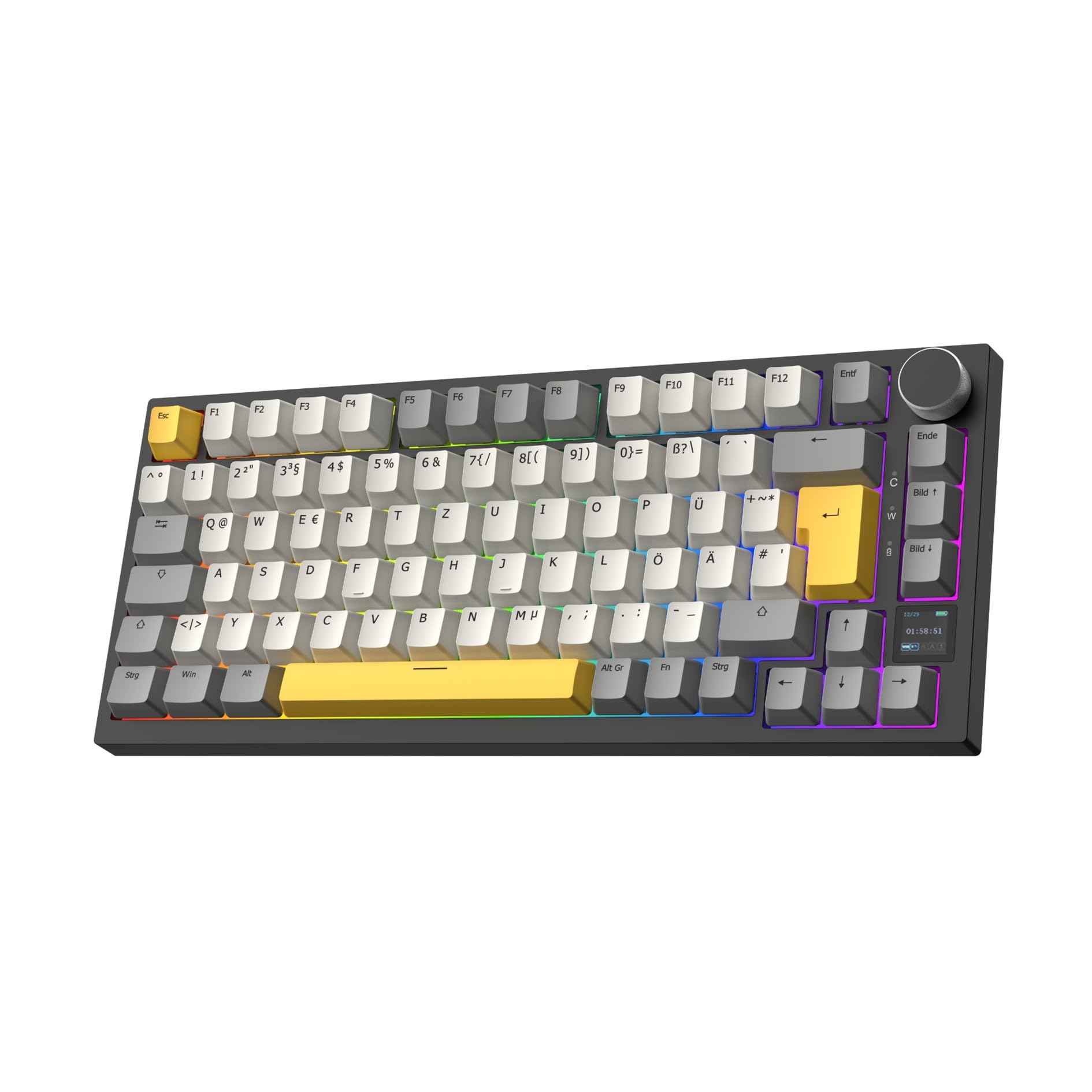EPOMAKER Ajazz AK820 Pro ISO-DE Mechanische Tastatur Kabellos, RGB 75% Gaming-Tastatur QWERTZ DE Layout, BT/2,4 GHz/Kabel, TFT-Display, Creamy Gasket, Für Win/Mac/PC (Schwarz Gelb, Gift Switch)