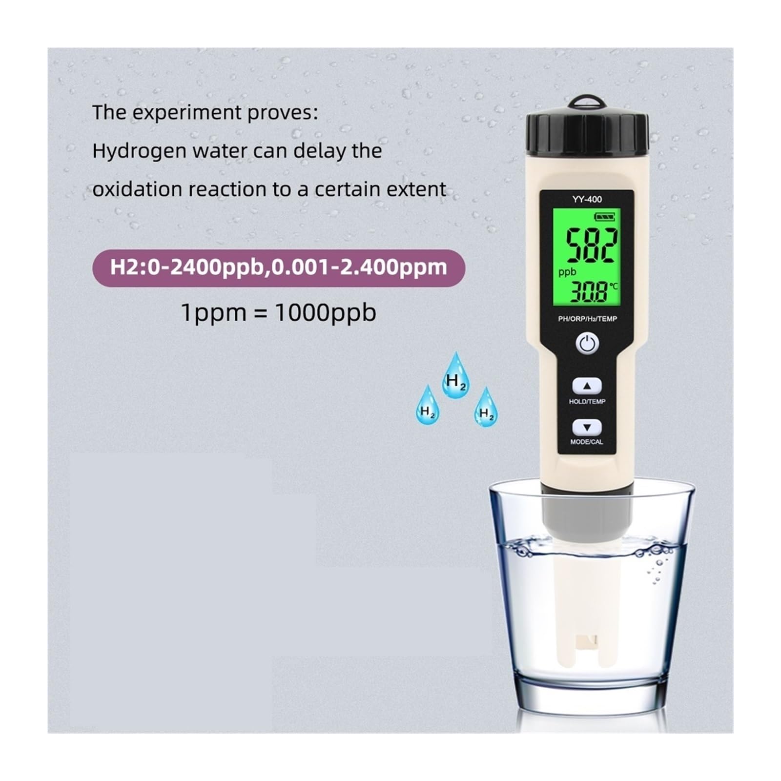 pHmetro per terreno Tester digitale for acqua con idrogeno, monitor 4 in 1, misuratore di H2, pH, ORP e temperatura, analizzatore ioni for acquari acquatici