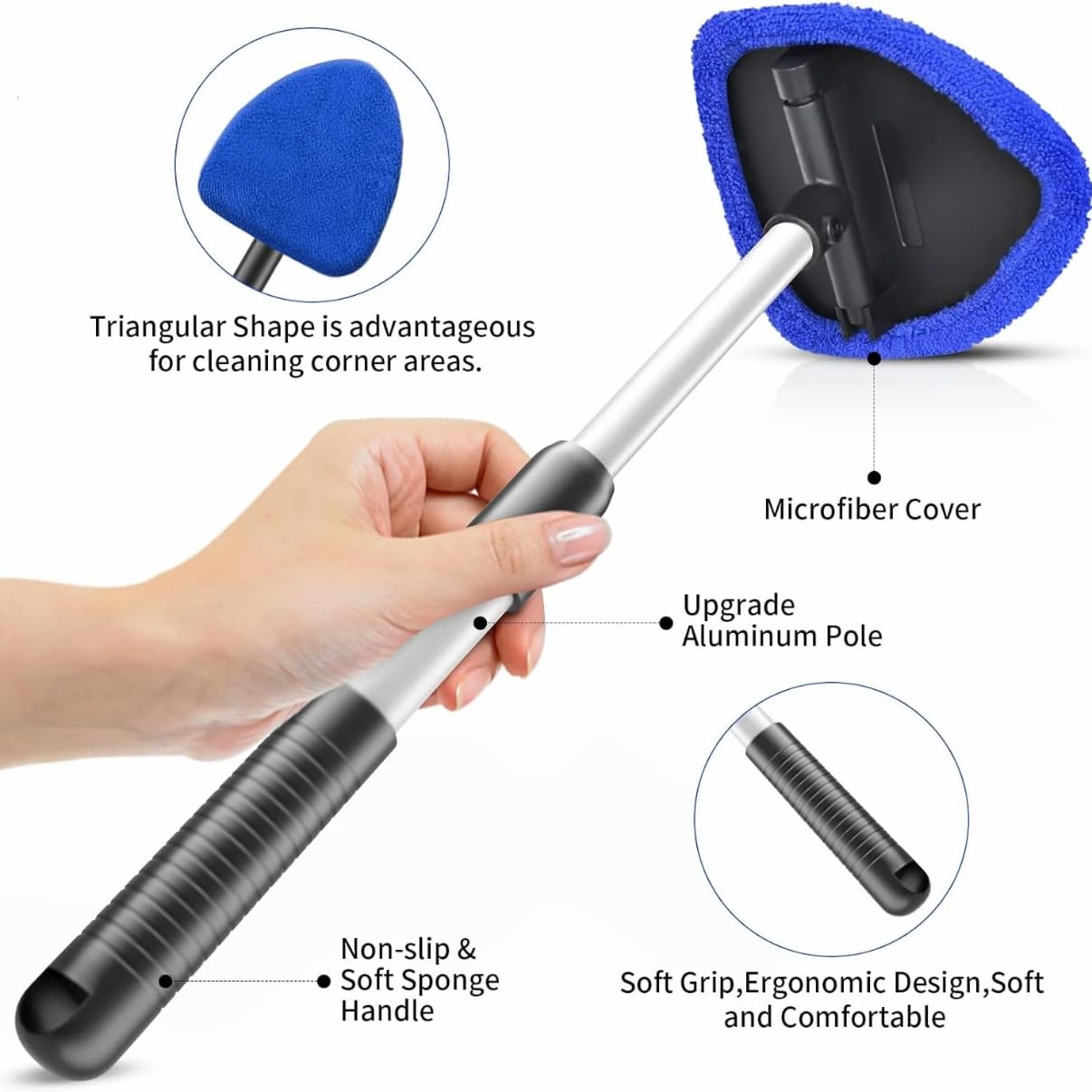 Car Windscreen Cleaner Tool, Telescopic Handle Car Cleaning Kit with 4 Reusable Microfiber Pads, Auto Windshield Cleaner for Interior Exterior Glass - 3