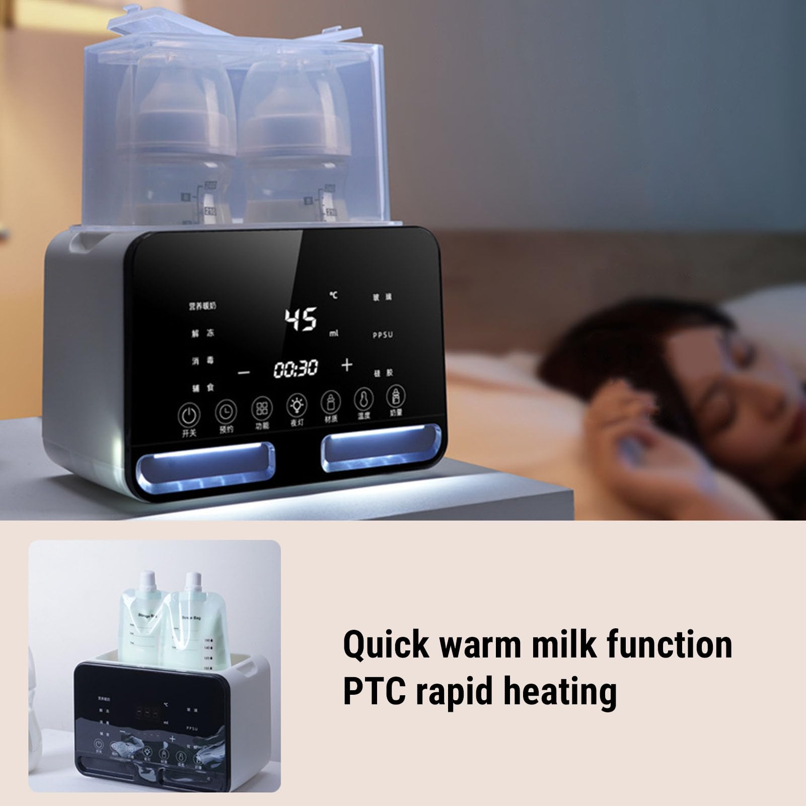 ZJchao Chauffe-biberon 200 W, Chauffe-lait Multifonctionnel 9 en 1 avec Affichage LED et Protection contre L'ébullition Sèche pour Chauffer et Décongeler les Biberons (Prise UE 220V)