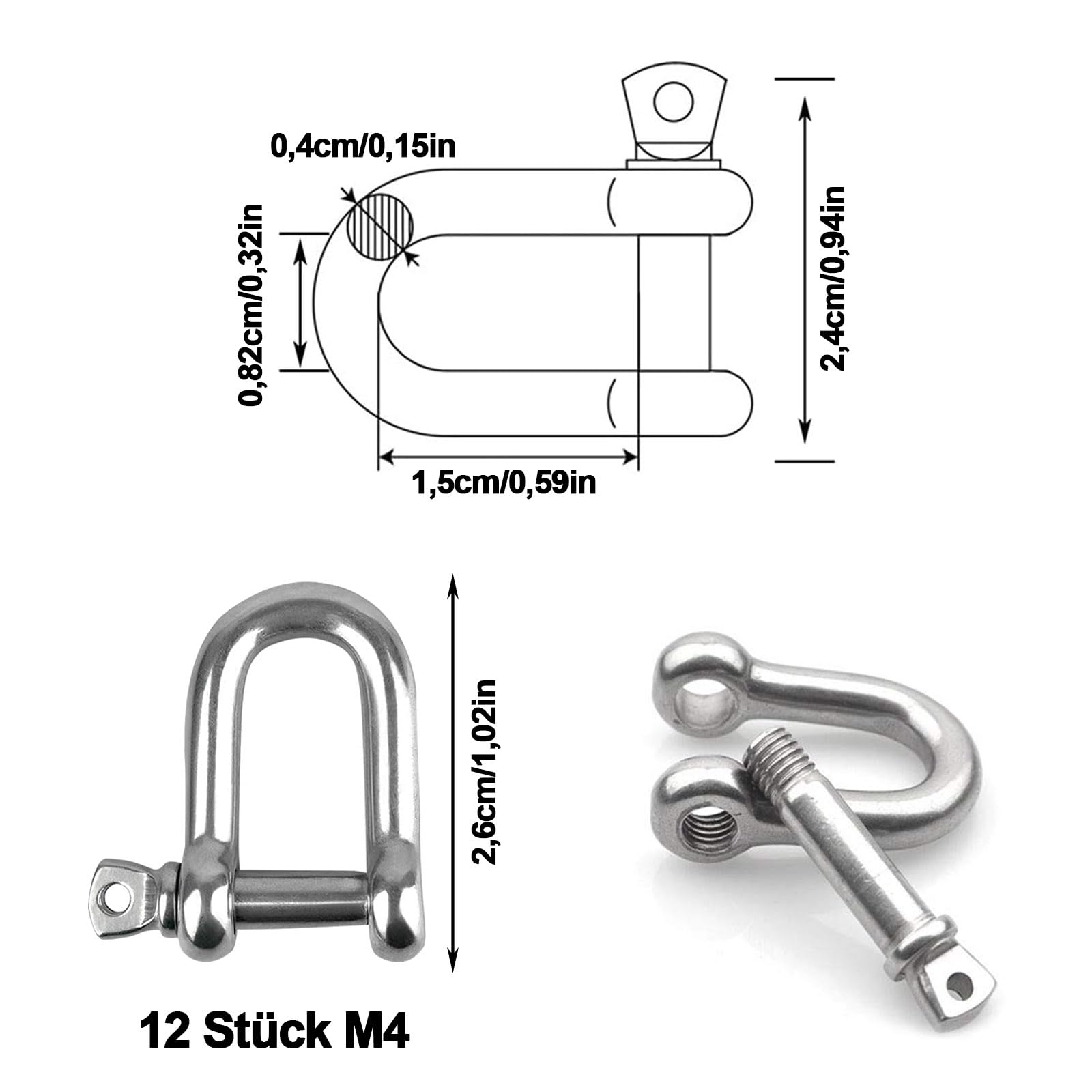 12x D-Schäkel Aus 304 Edelstahl – M4, D-Ring, Für Ketten, Seile Und Takelage, 2,6x2,4 Cm