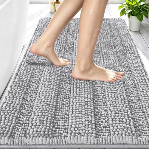 Image of Smiry Thick Chenille Bathroom Rugs 30x20, Absorbent Bath Mat, Light Grey | Quick‑Dry & Machine Washable, Non‑Slip Bath Carpet, Soft Striped Bath Rugs for Tub & Shower, Modern Home Decor Accessories