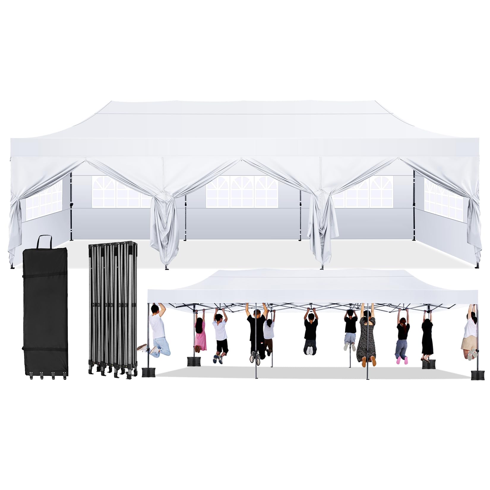hoteel 10x30 pop up canopy with 8 sidewall and 4 sandbag,heavy duty canopy tents for parties beach lawn camping,outdoor waterproof instant commercial gazebo canopy with wheel bag(10 by 30 ft white)