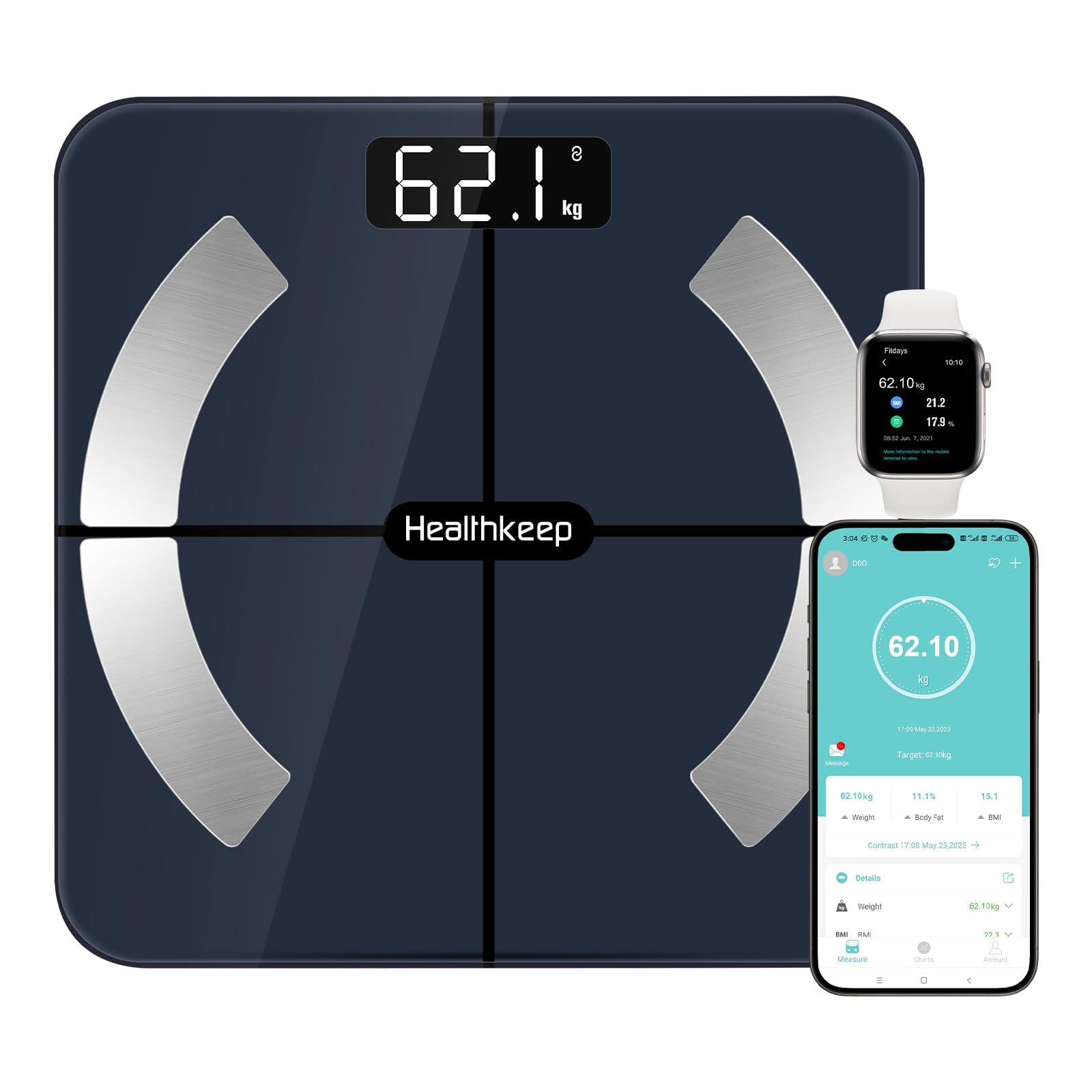 Healthkeep Bilancia Pesa Persona, Bilancia connessa Bluetooth Impedenzimetro Pesa Persone Alta Precisione con 13 Analisi della Composizione corporea App Inclusa, Capacità 180kg/400lb, 28x28cm