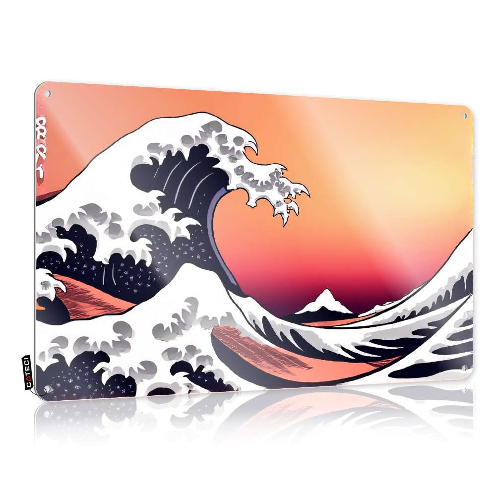 Prints Garage Funny Wall Art - A Stylized Wave Crashing Against A Mountain Range Under A Vibrant Sunset Sky. Letters Rustic Wall Hanging(30X40CM)