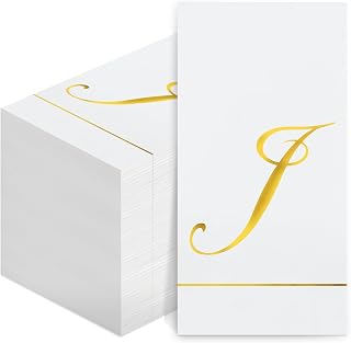 Pasimy 100 Pcs Initial Napkins Monogram Guest Napkins Gold Letter Paper Towels Disposable Elegant Dinner Towels for Wedding Bridal Shower Holiday Birthday Party Tableware Decor(J Letter)