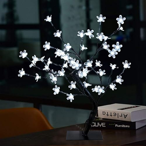 Miniatura 5 de Lxcom Lighting Árbol bonsái LED de flor de cerezo de 18 pulgadas, 48 luces LED enchufables para escritorio, bonsái, árbol iluminado, lámpara de mesa