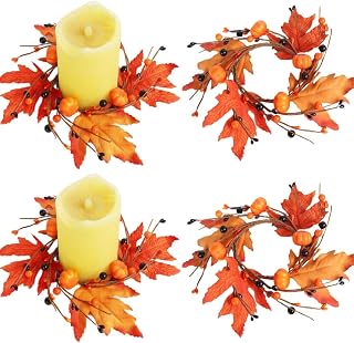 2 Pack Fall Candle Rings Wreaths Artificial Pumpkin Maple Leaf Candle Garland with Black Berries for Pillars Thanksgiving, Halloween Table Wedding Parties Autumn Decor Centerpieces (Orange-2pc)