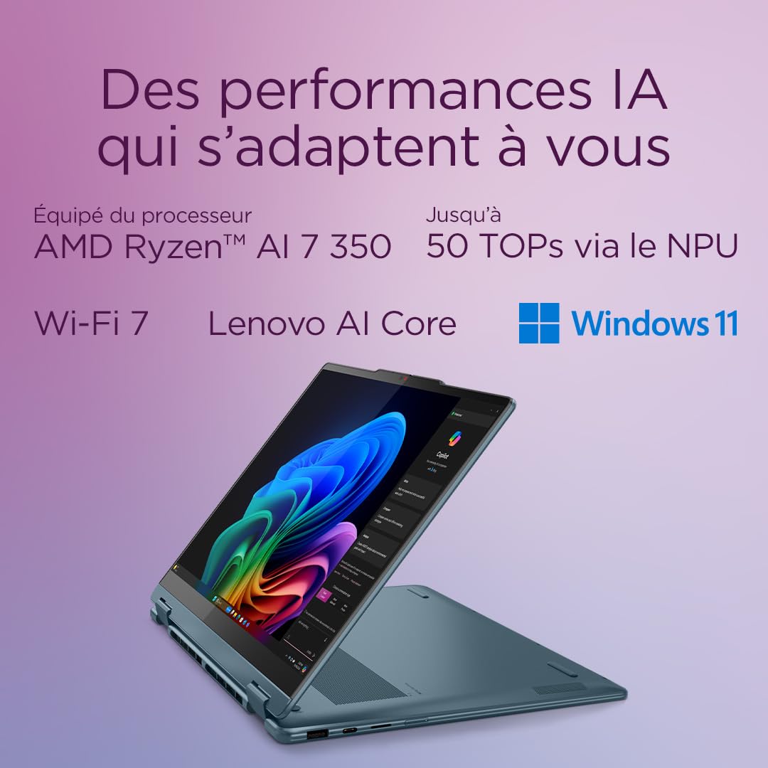 Lenovo Yoga 7 2-in-1 14AKP10 - Ordinateur Portable 2-en-1 14'' OLED Tactile Copilot+(AMD Ryzen AI 7 350, RAM 16Go, SSD 512Go, AMD Radeon 860M, Windows 11 Home) Clavier rétroéclairé AZERTY - Tidal Teal