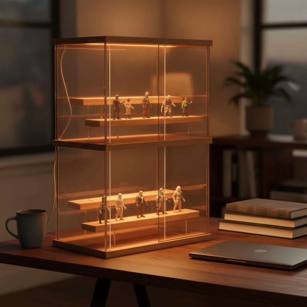 LED beleuchtete Acryl Vitrine mit Schiebeabdeckung, Staubdichte Sammlervitrine für Figuren und Modelle, für Präsentation , Modern, schlicht, groß, mit Oberlicht und Stufen, Modell BM8815DT