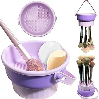 VRUSTEE 3-in-1 Silicone Makeup Brush Cleaner Bowl with Drying Holder – Portable Cosmetic Brush Cleaning Pad with Suction C...