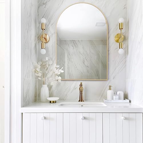 Miniatura 6 de Espejo de arco, espejo de baño con arco dorado de 26 x 38 pulgadas, marco de metal grande, espejo montado en la pared para sala de estar, chimenea,