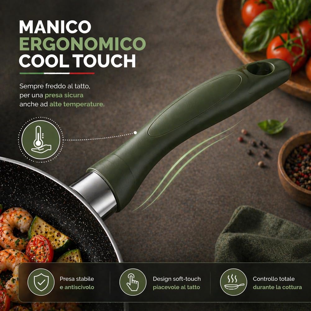 BAKAJI Tris Padelle Natura Più Antiaderenti Diametro 20/24/28 cm con Manico Cool Touch e Rivestimento Antiaderente Senza Grassi, Cottura Omogenea, Ideale per Carne, Pesce, Pasta
